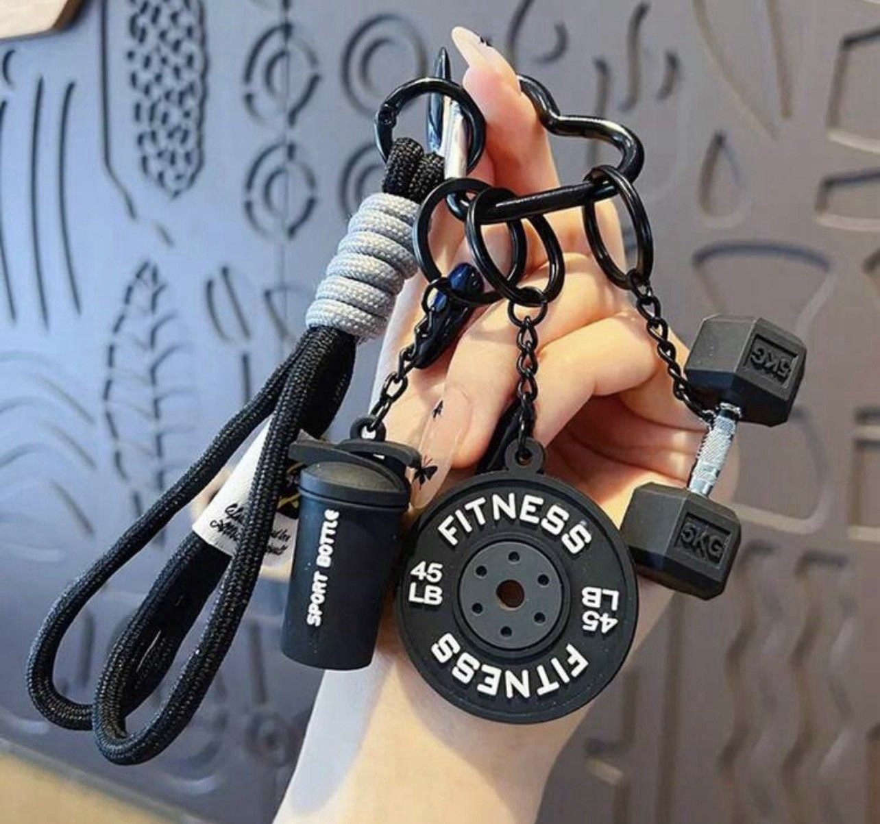 Fitness & Gym Keychain, Dumbbell, Weight Plate, Sport Bottle, Carabiner, Unisex