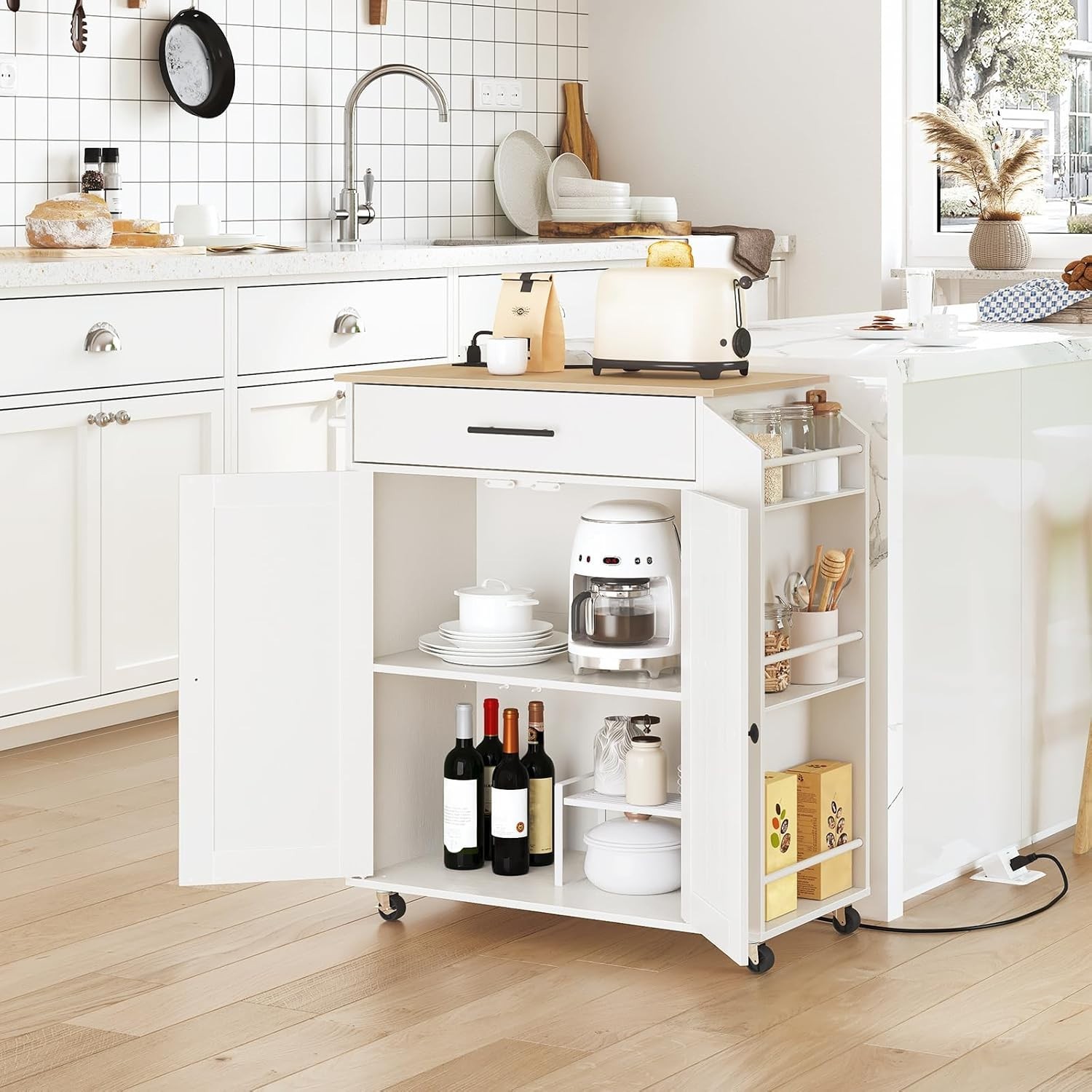 Kitchen Island with Power Outlet Storage Cart Rolling Spice Rack Modern White