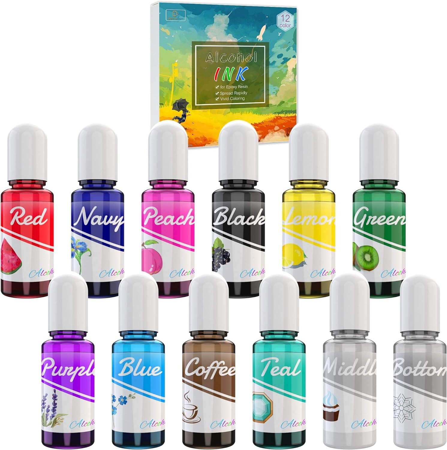 Alcohol Ink Set - 12 Vibrant Colors Alcohol-Based Ink for Epoxy Resin Art, Re...