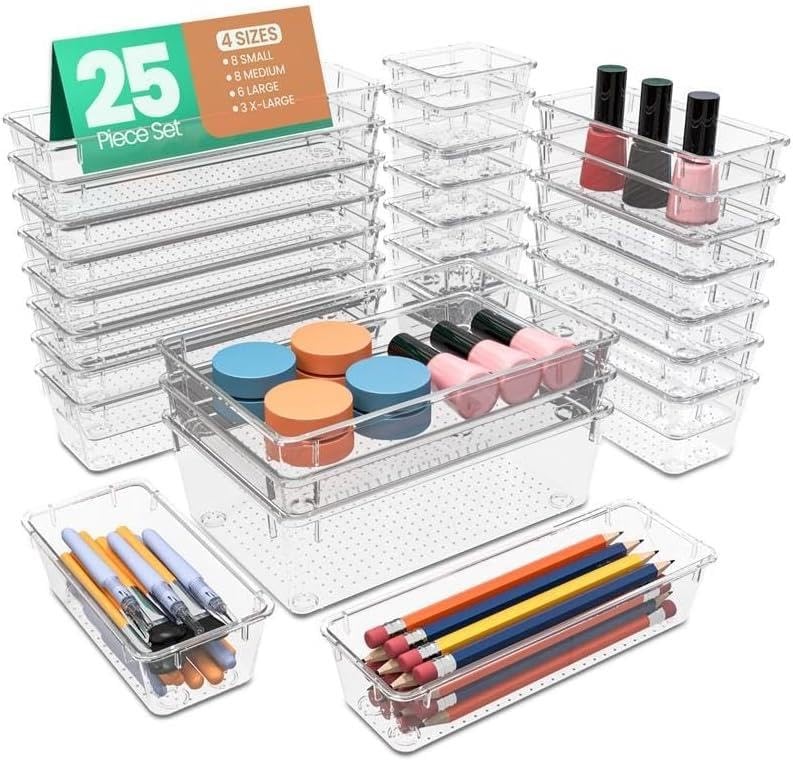 25 Piece Clear Drawer Organizer Set – Multi Size Storage Trays for Bathroom, ...