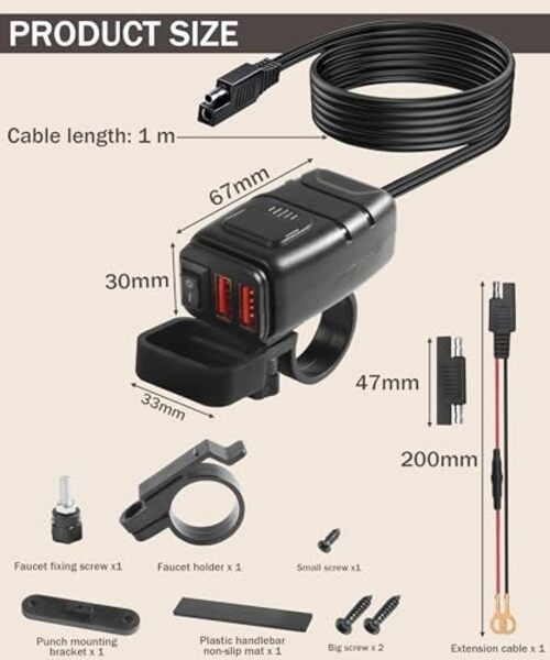 Motorcycle Phone Charger with Voltmeter & ON/OFF Switch - SAE to USB Adapter