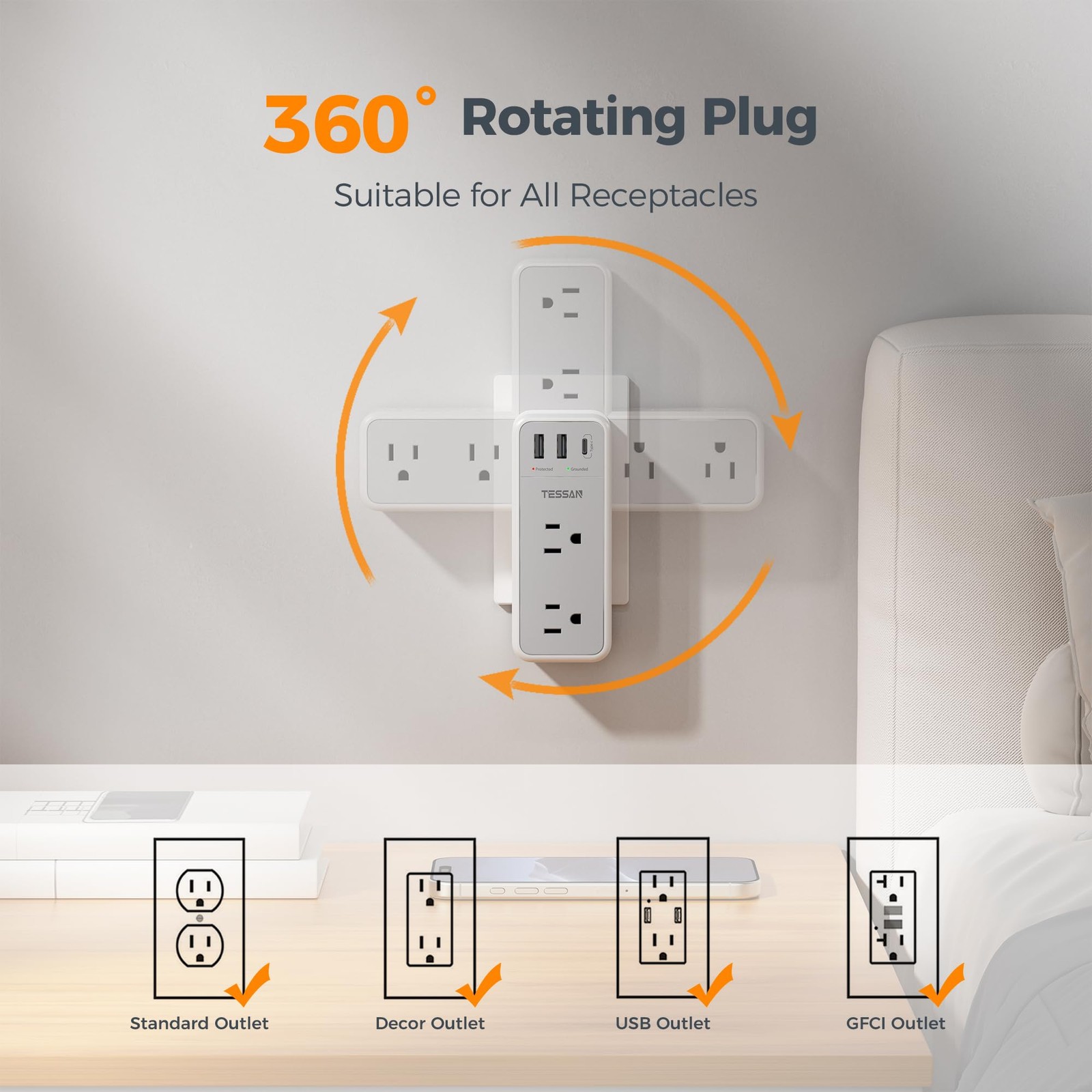 Multi Plug Wall Outlet Splitter with 360 Rotating 6 Outlets (USB-C), Grey