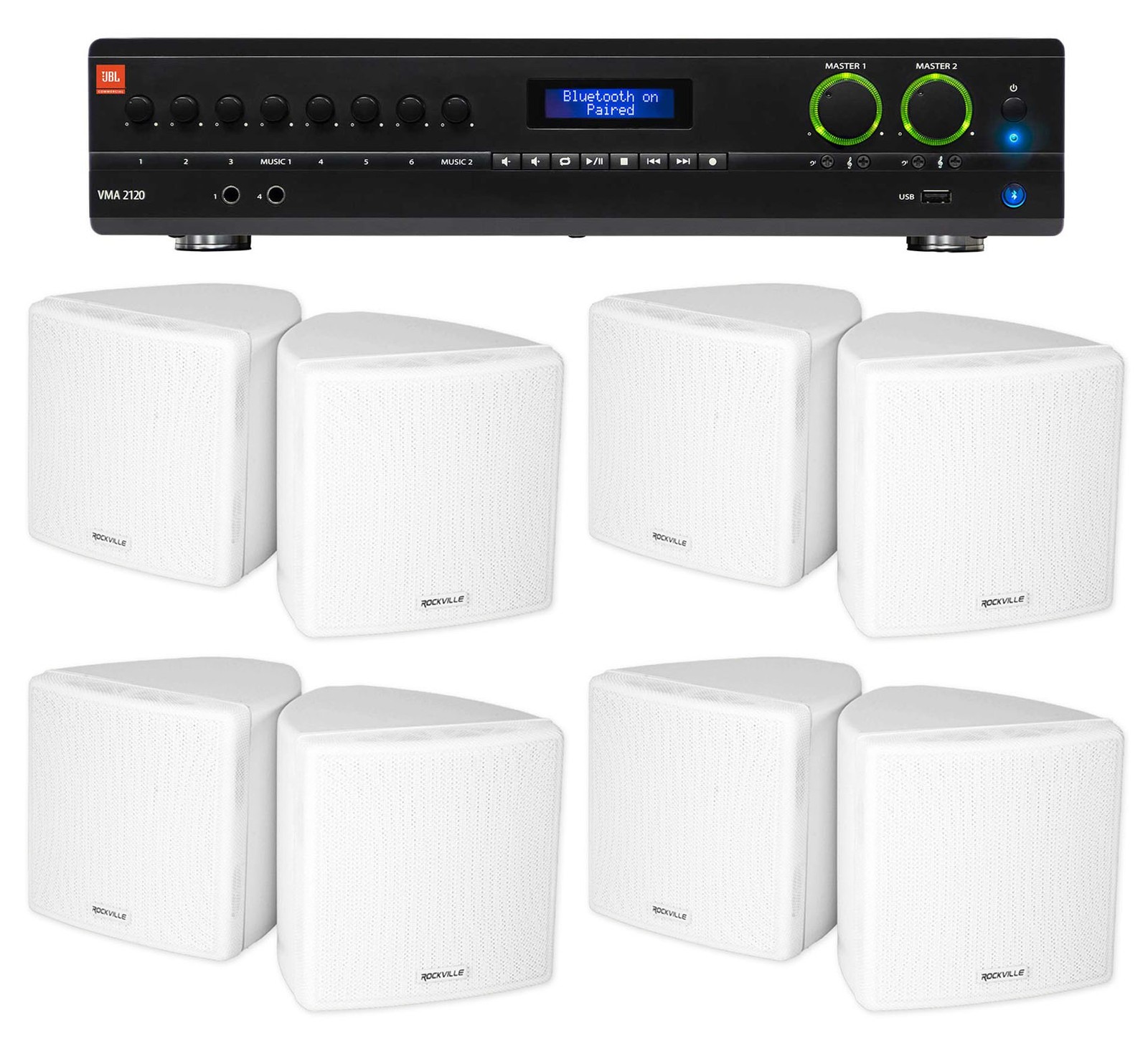 JBL 2-Channel Amplifier+(8) 3.5" White Cube Speakers for Restaurant/Bar/Cafe