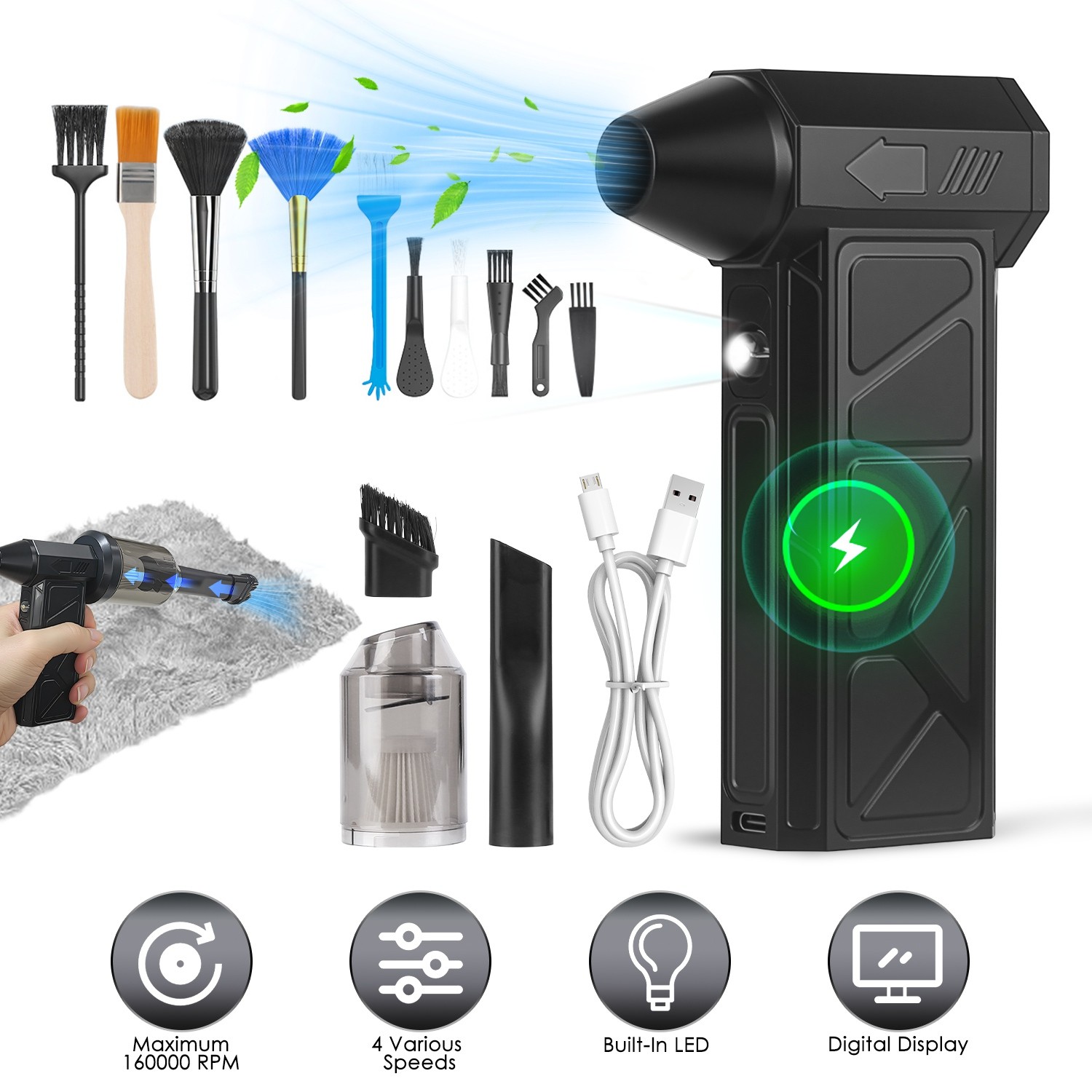 2IN1 Duster &Vacuum Compressed Air Duster-160000RPM Home Car Electric Air Duster