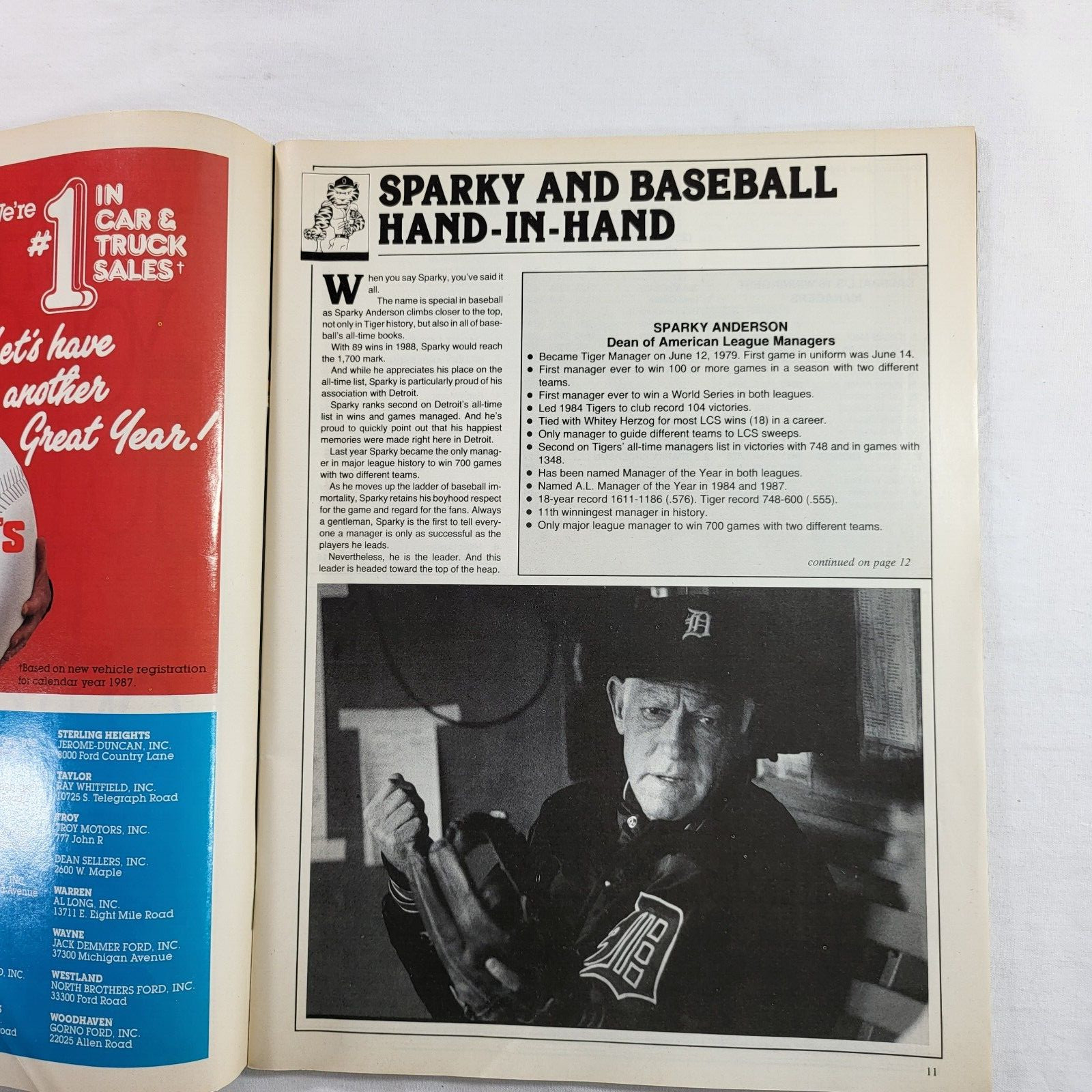 Detroit Tigers 1988 Scorebook & Official Program vs Seattle Mariners