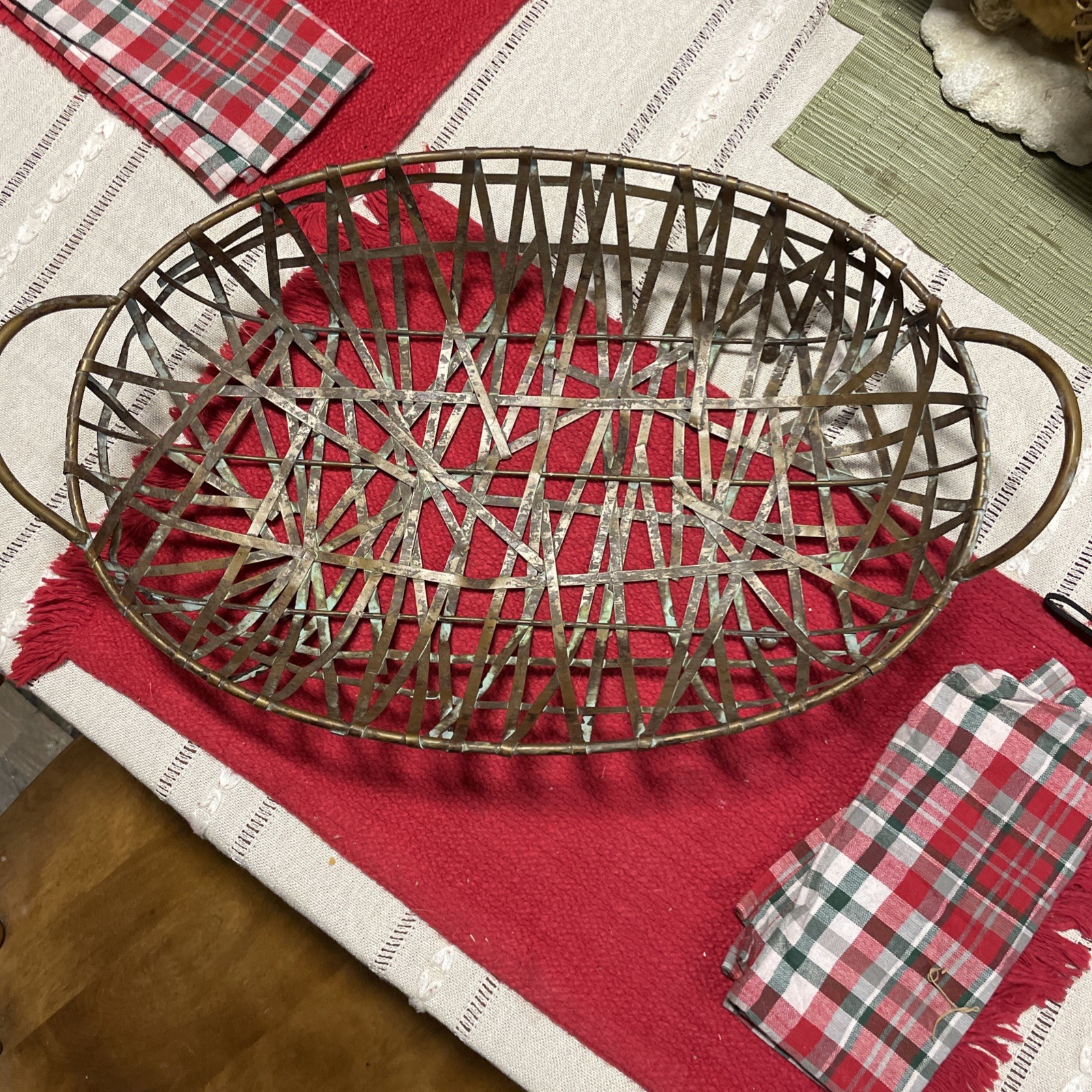 Vtg 19” Copper Patina Metal Oval Shaped Basket Bowl  Decor Farmhouse Primitive