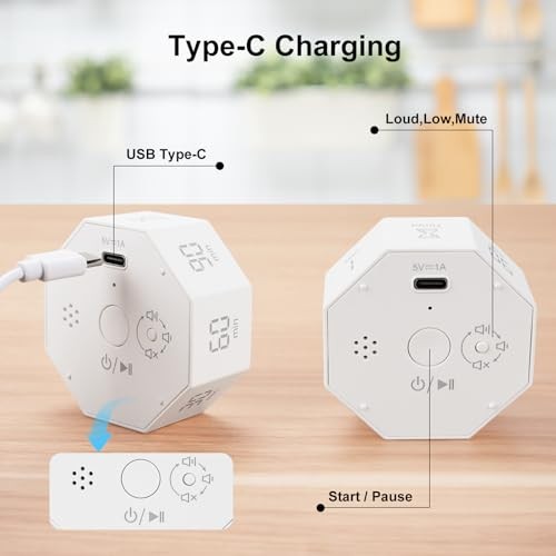 Rechargeable Pomodoro Timer, Small Gravity Timer () | Seven Preset Pearl White