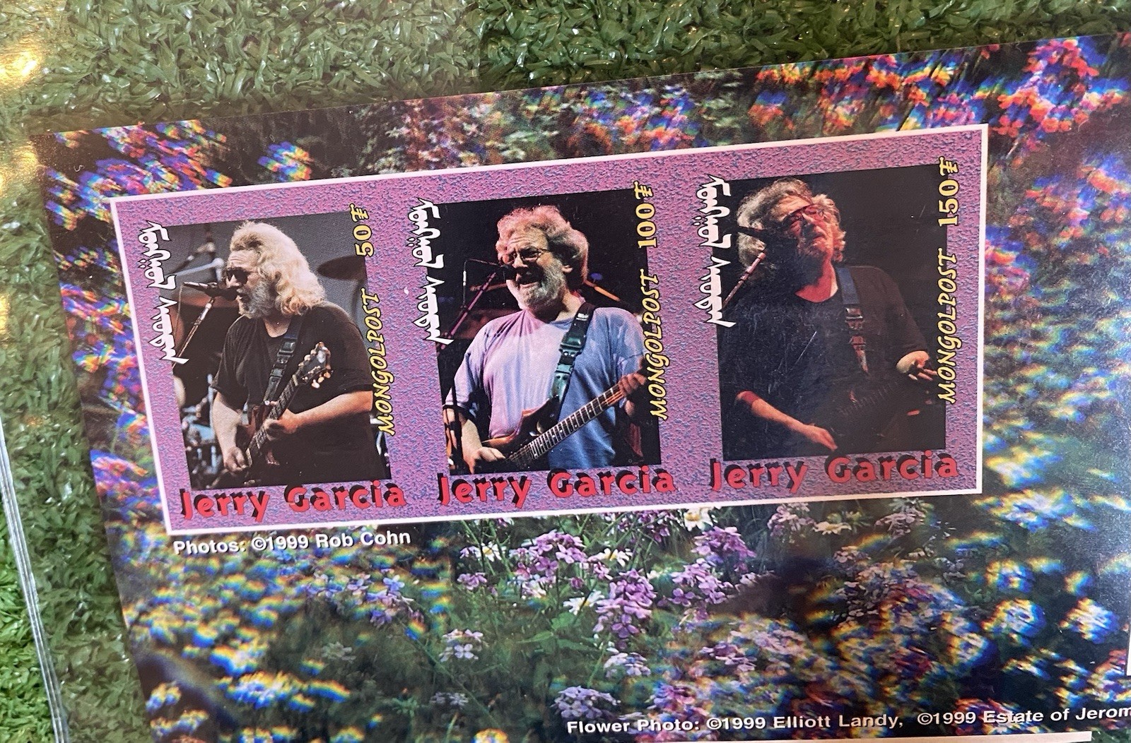 Jerry Garcia Stamp Certificate 90s Mongolpost 150 Jamming Flower Field 1999 VTG