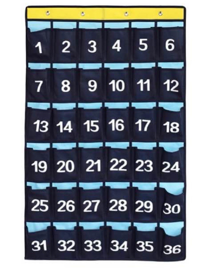 Numbered Pocket Chart Over Door Hanging Classroom Organizer Blue 36 Pockets