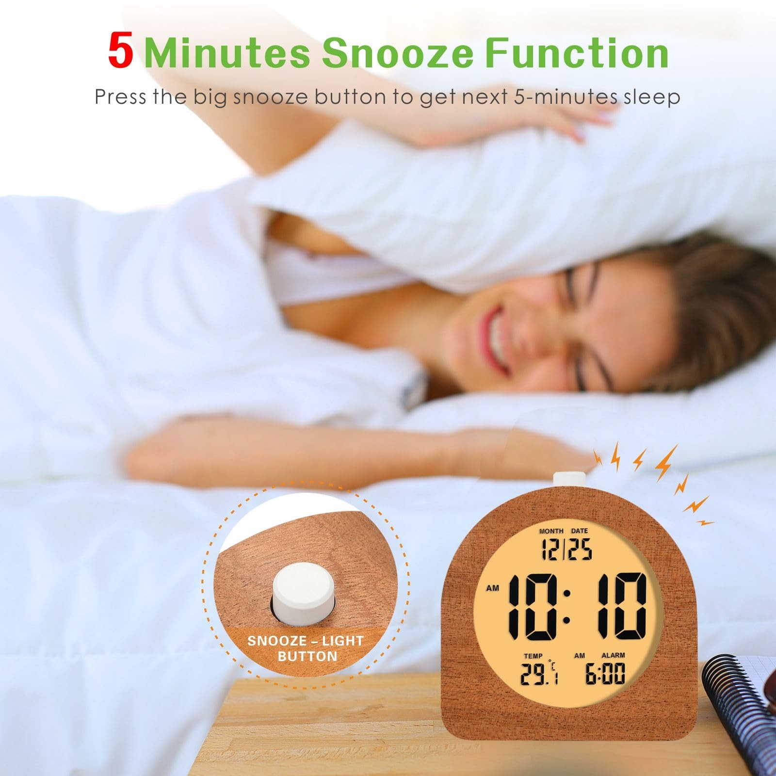 Wooden Digital Alarm Clock for Bedrooms, Wood 4'' Battery Powered Alarm Clock...
