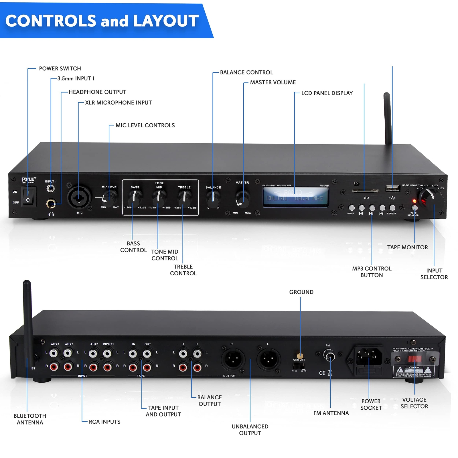 Pyle Rack Mount Studio Pre-Amplifier - Audio Receiver System w/ Digital LCD D...