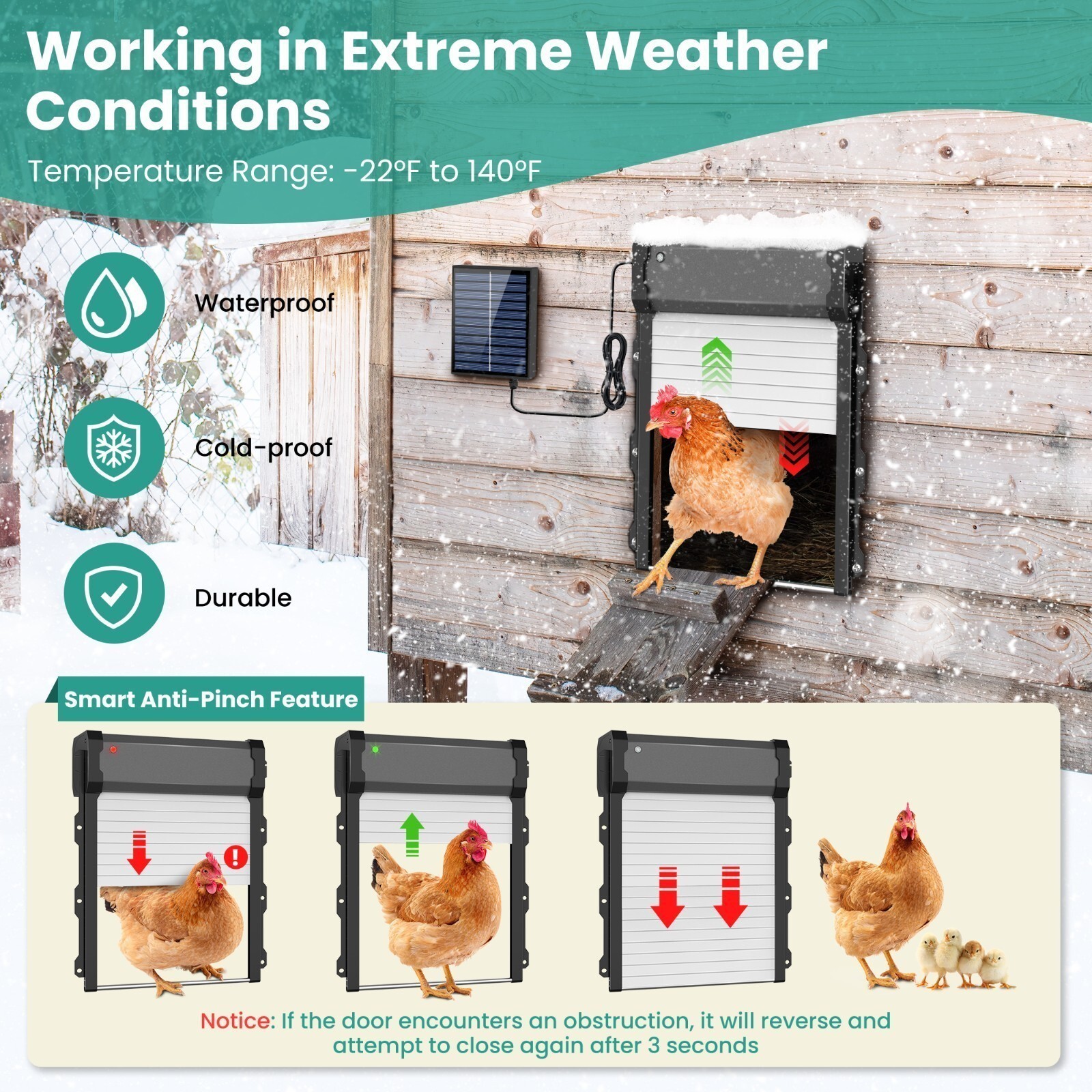 Solar Powered Chicken Coop Door Opener Timer & Light Sensor Auto Door Waterproof