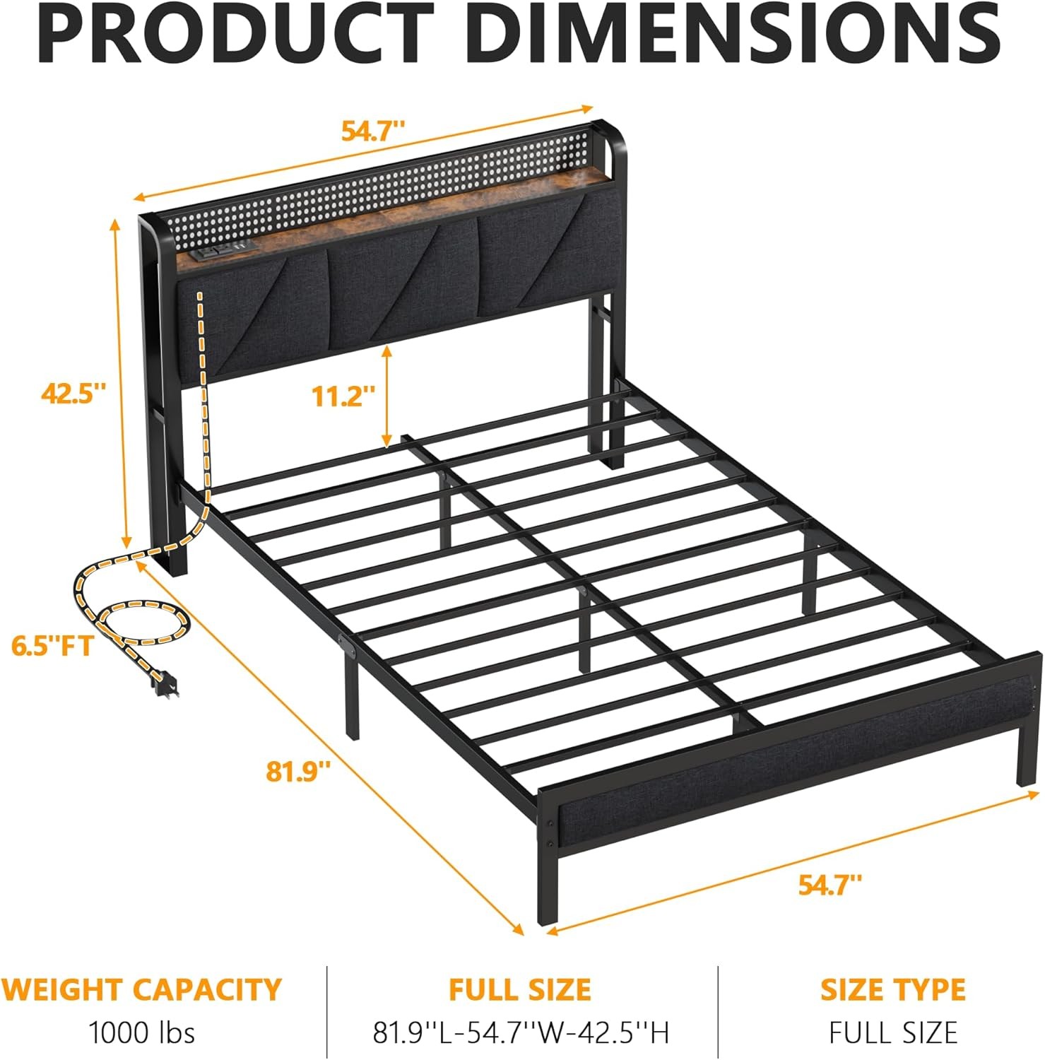 Full Size Bed Fre with Headboard and Stora Shelf, LED Light