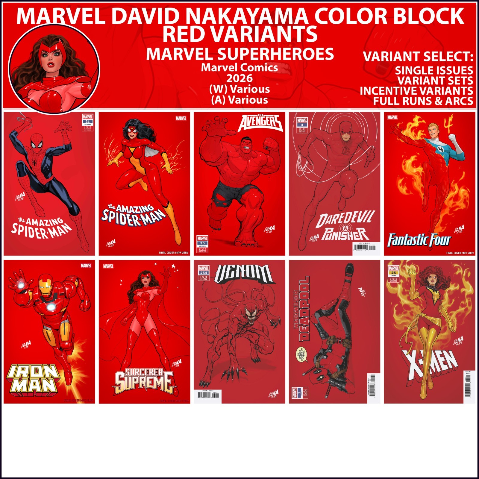 Marvel David Nakayama Color Block Red Variants (2026) Marvel Comics COVER SELECT
