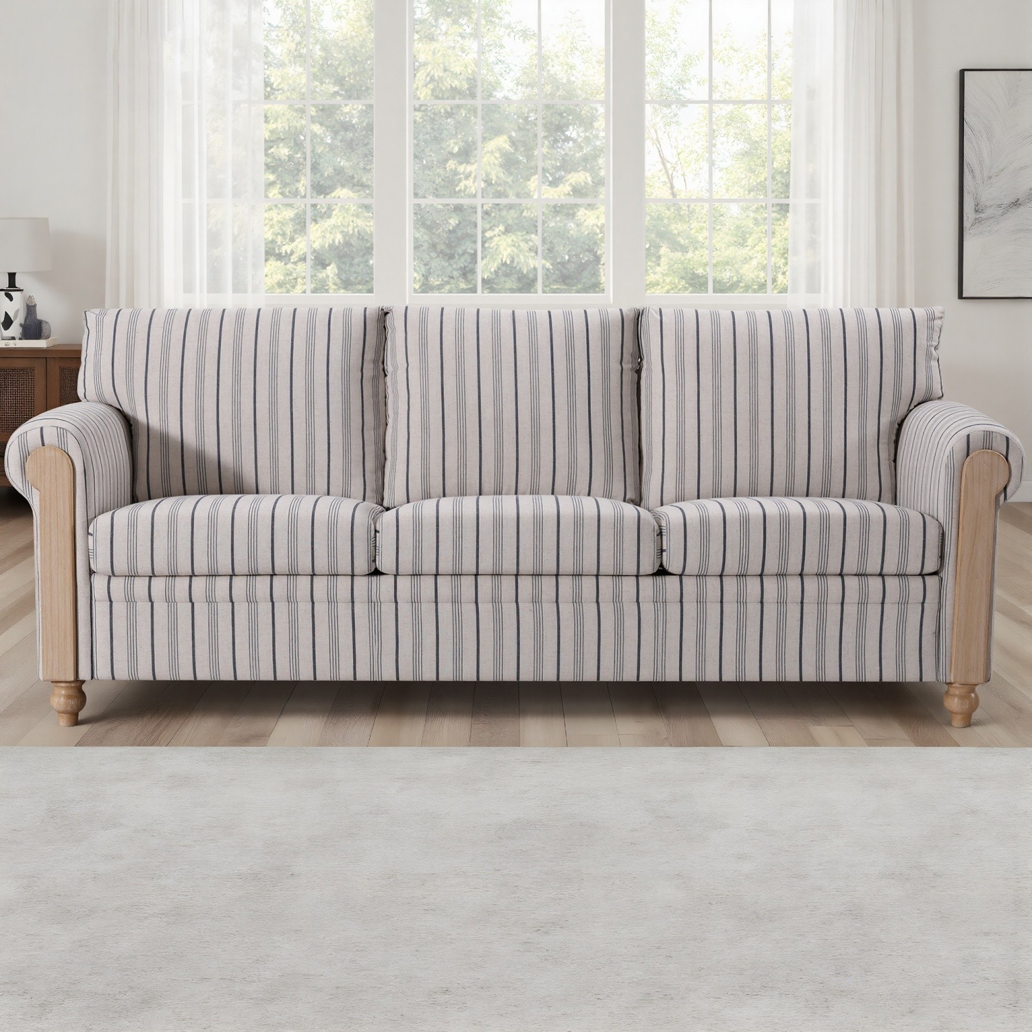 Modern Blue White Stripe 3 Seater Sofa Fabric Armrest Couch with Solid Wood Legs
