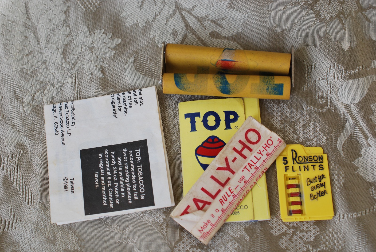 1991 Top Cigarette Roller & Instructions, Flints Papers & Tally-Ho Package Ruler