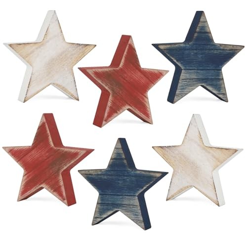 4th of July Decorations Wooden Star Set of 6, Labor Day Decor, Retro Solid