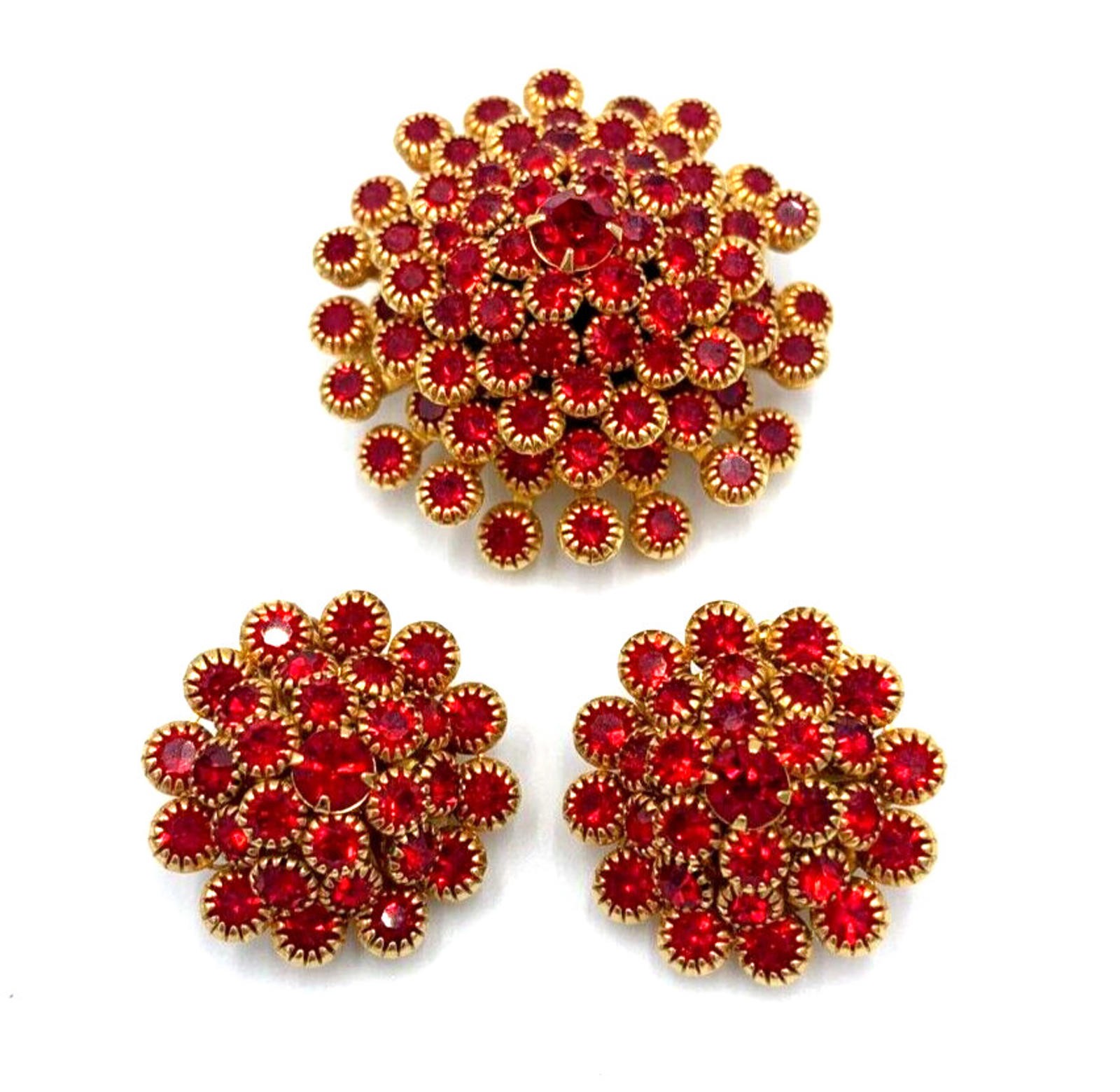 Judy Lee Clustered Dome Red Rhinestone Gold Tone Demi Parure