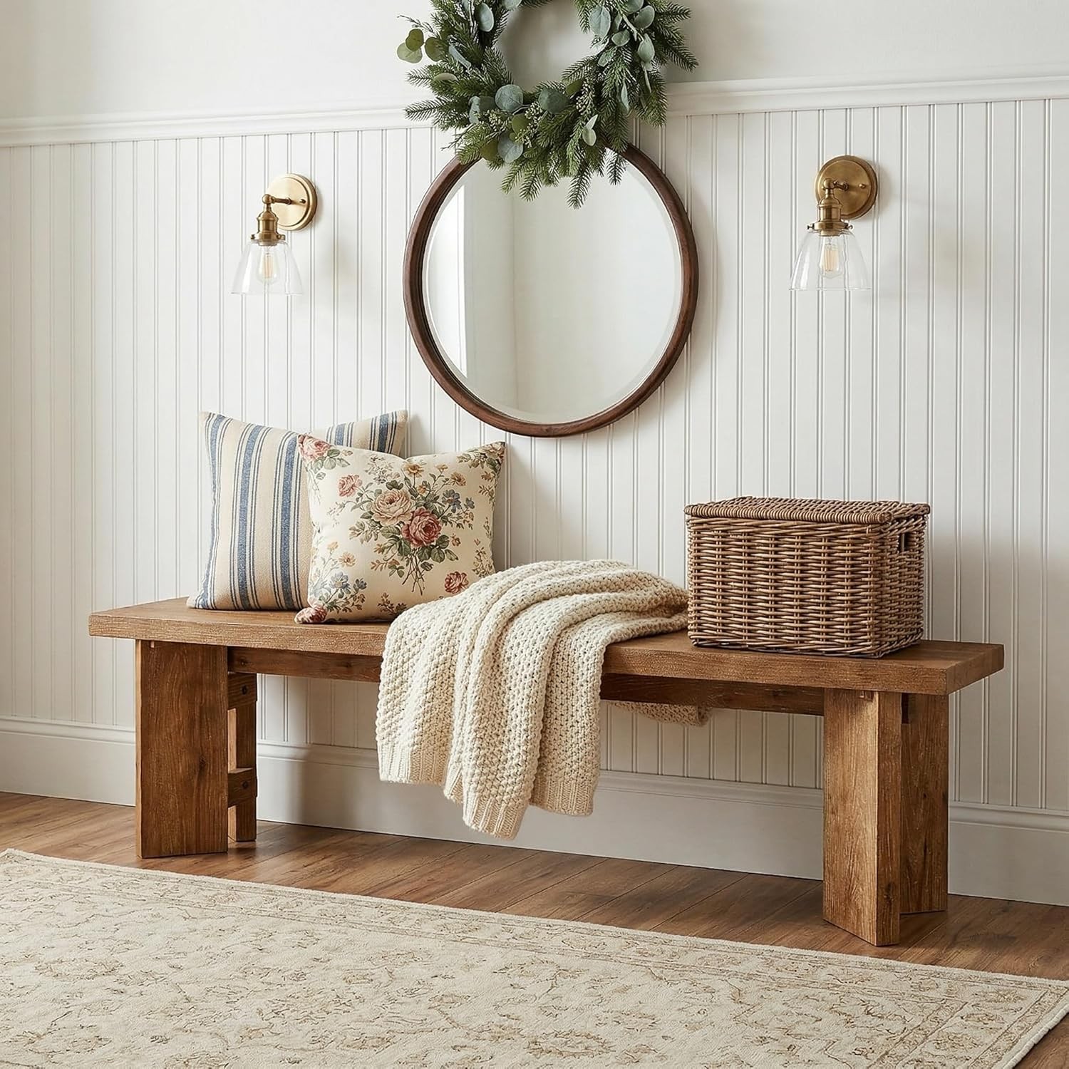 63 Inch Solid Wood Entryway Bench Farmhouse Wooden Seating Benches for Entrance
