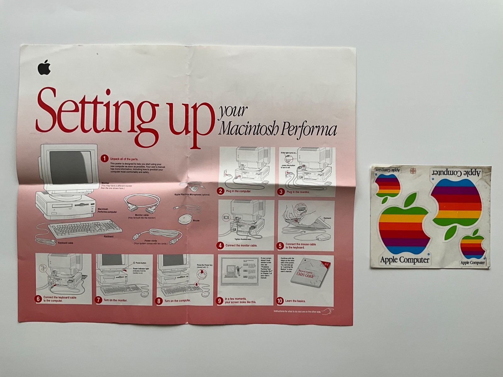 1995 Macintosh Performa Computer Instruction Poster & Apple Rainbow Stickers