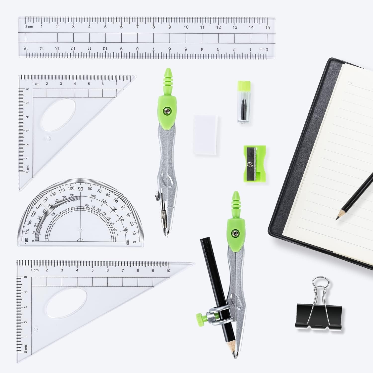 10 Pieces Math Geometry Kit Set with Shatterproof Storage Box, Student Green