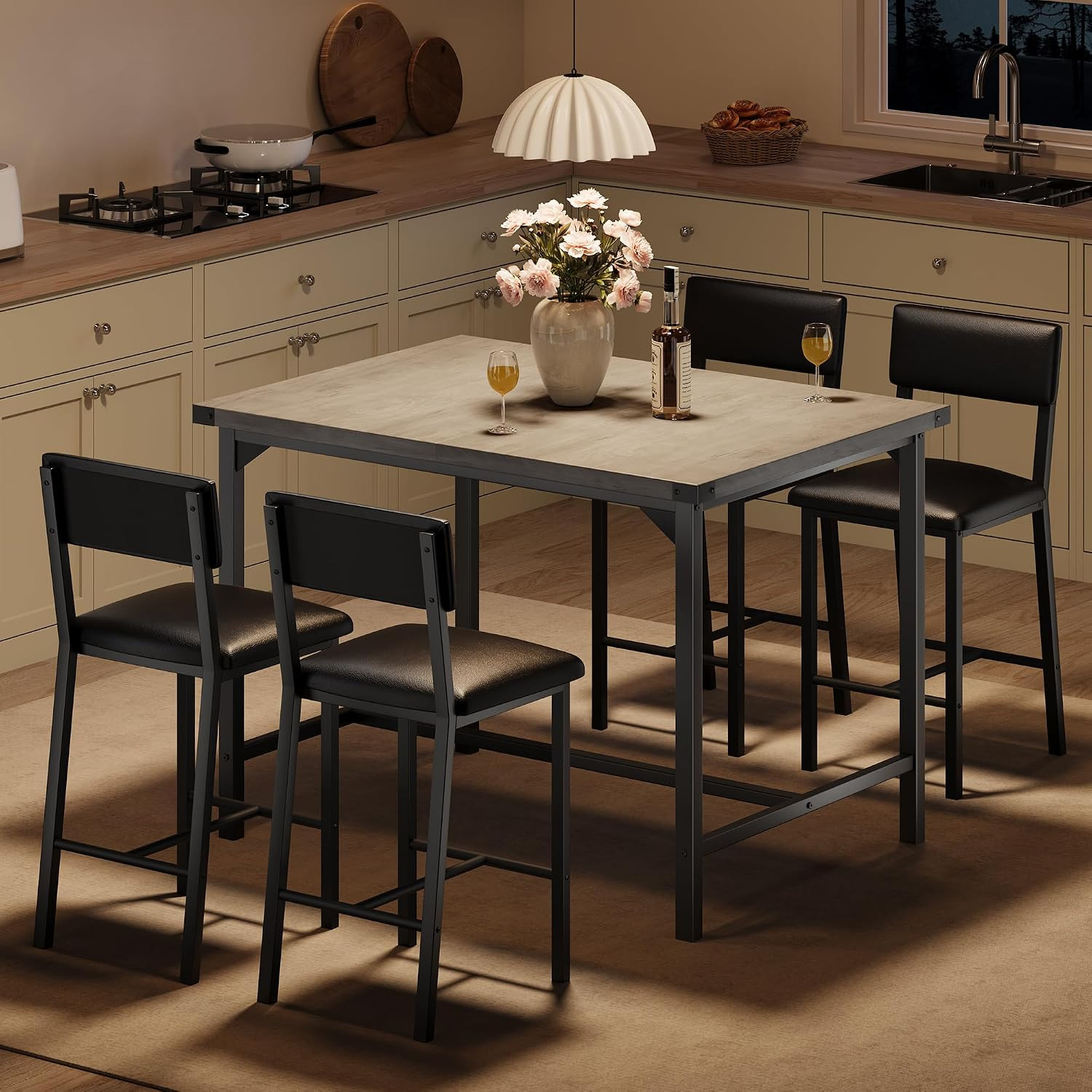 Dining Table Set for 4 with Corner Protector, Kitchen Table Set W/Footrest & Bac