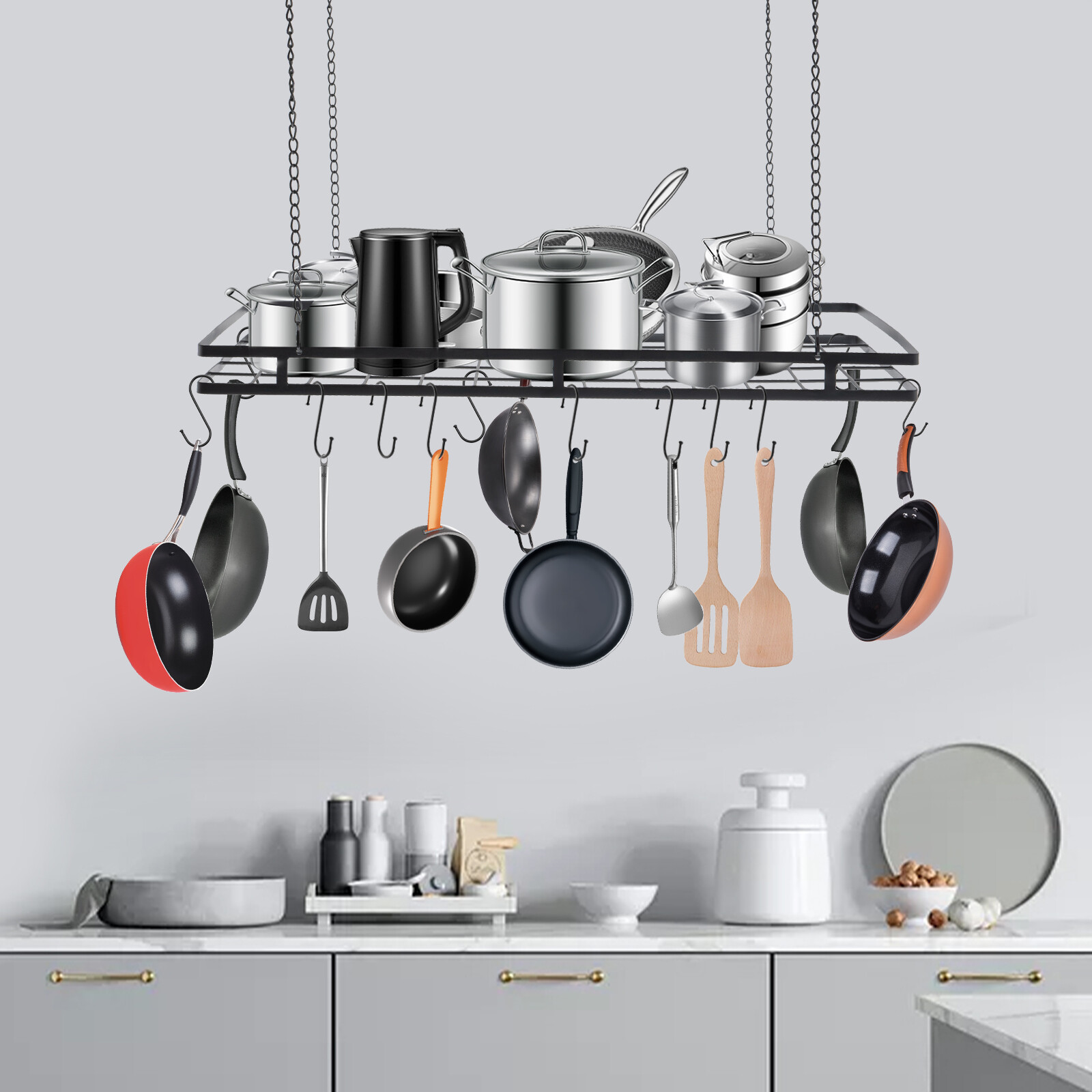 Modern Hanging Pot Holder Pan Hanger Kitchen Ceiling Rack with 12 Hooks Black