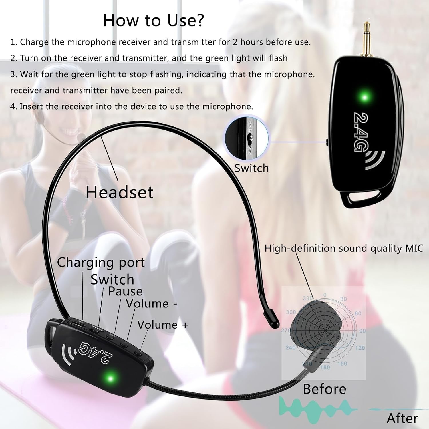 Wireless Microphone Headset MIC Cordless: 2.4G Wireless Head MIC and Handheld Mi
