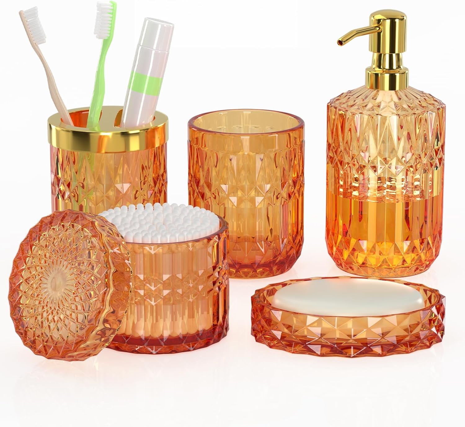Orange Bathroom Accessories Set, 5 Pcs Clear Glass Bathroom Accessories