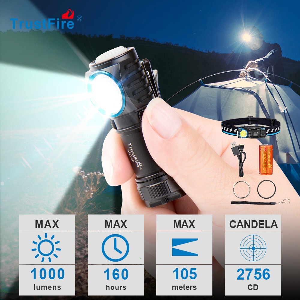TrustFire LED Headlamp Rechargeable 1000 Lumen Waterproof Headlight MC12
