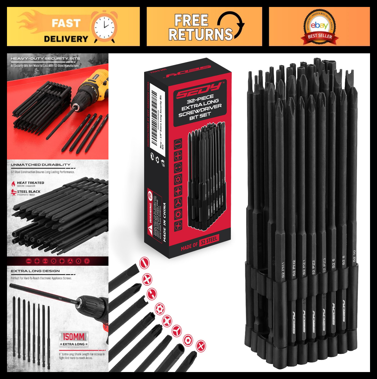 32-Piece Extra Long Security Bit Set - S2 Steel Tamper-Proof Screwdriver Bits, 6