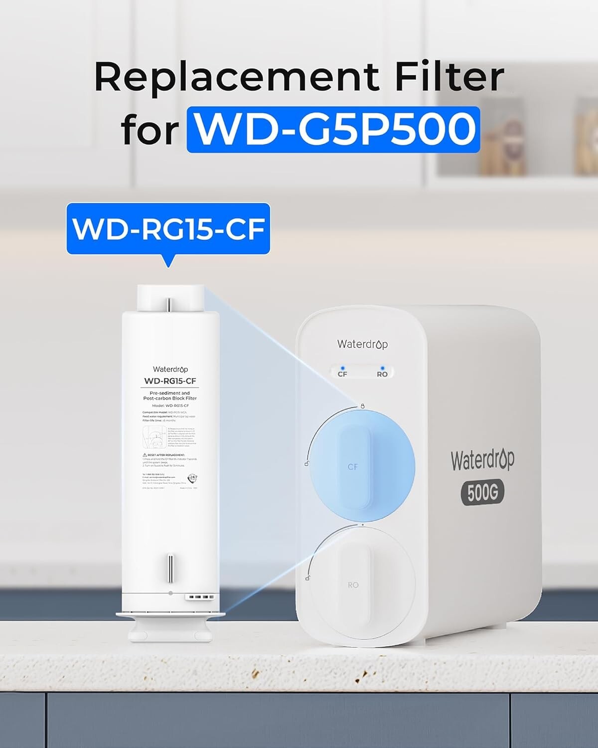Waterdrop WD-G5P500-CF Filter, Replacement for WD-G5P500 , 6-month Lifetime