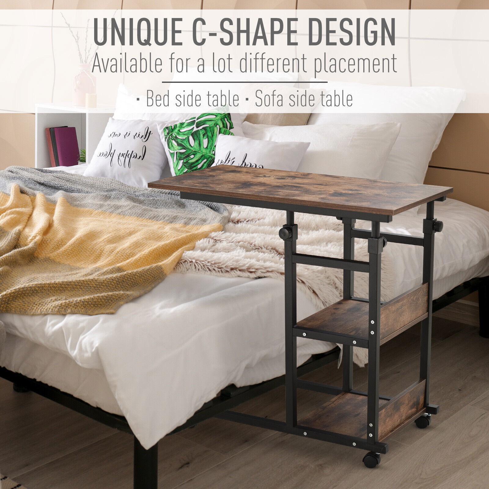 C-Shaped Mobile Sofa Bed Side Table 3-Tier Storage Shelving Cart Adjust Height