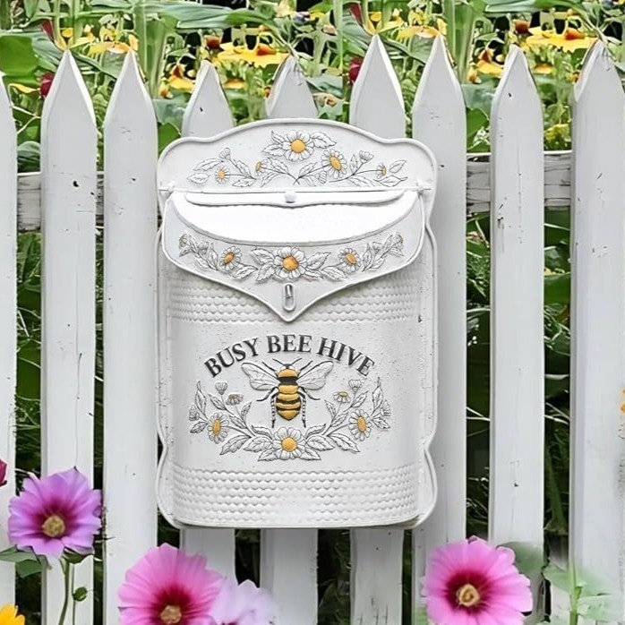 Vintage Style Distressed Metal Garden Post Box Busy Bumble Bee Hive Cottage Mail