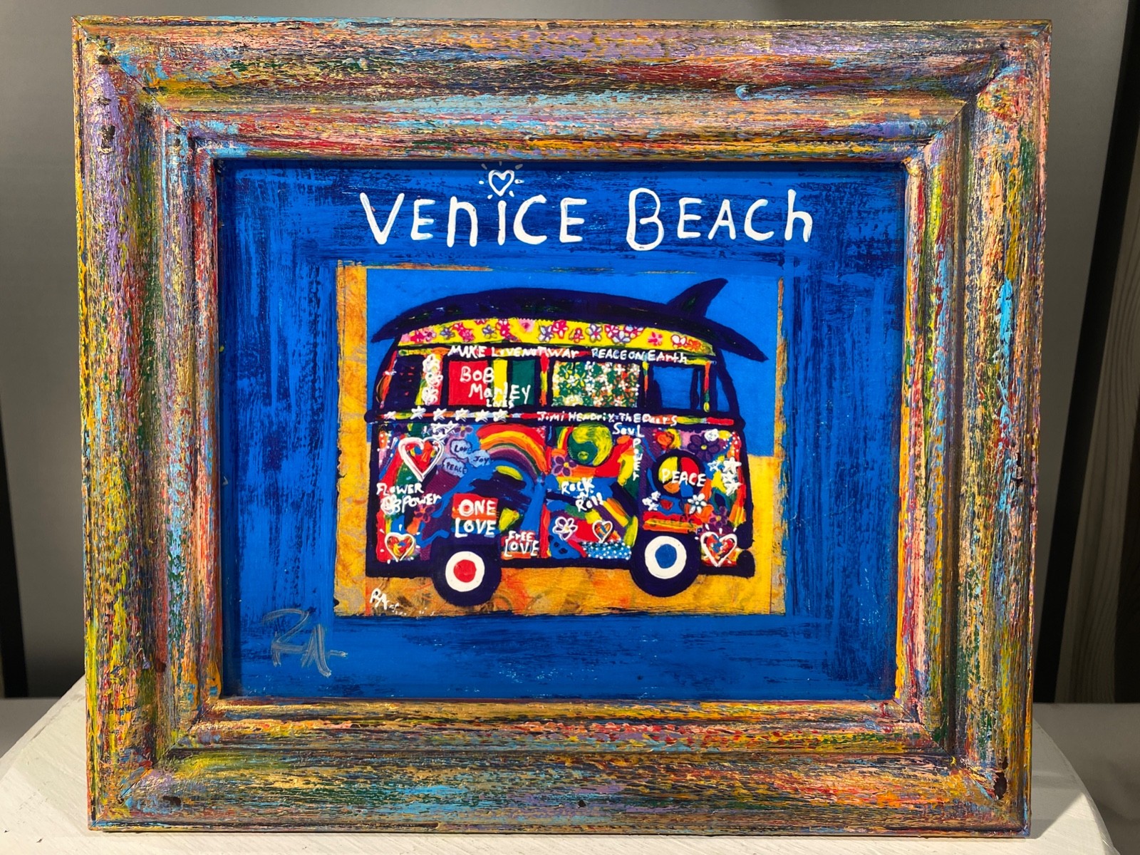 Venice Beach California Artist Signed Hippie Surfer Voltzwagen mixed media art
