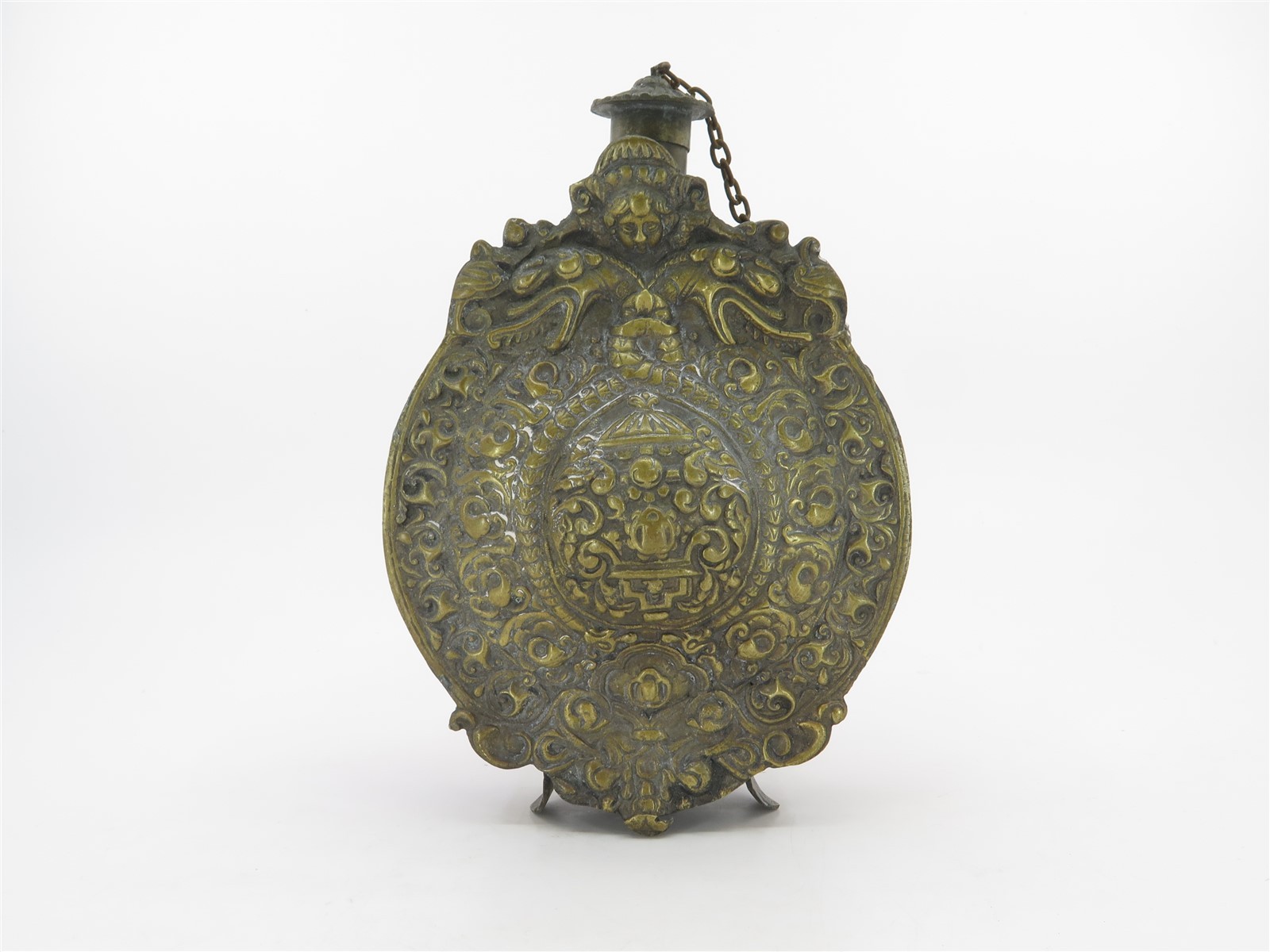 Antique Balkan Russian Powder Flask Repousse Metalwork 6.75" tall x 4.75" wide