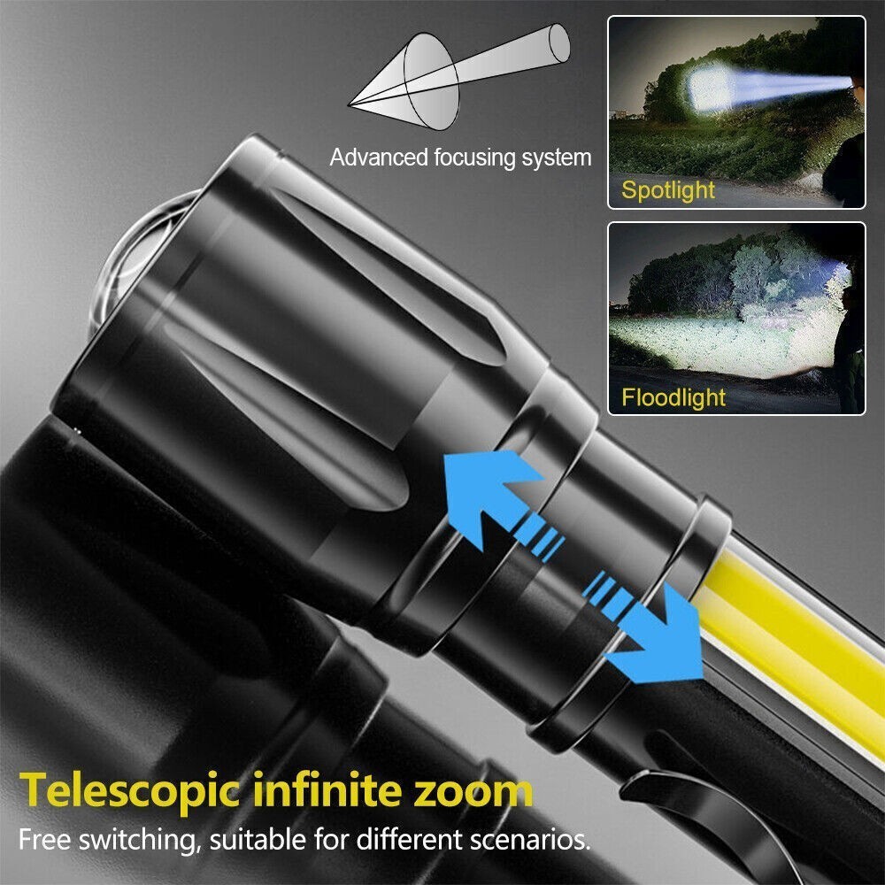 2Pcs Mini LED Torch Light USB Rechargeable Zoomable Flashlight Camping Lamp