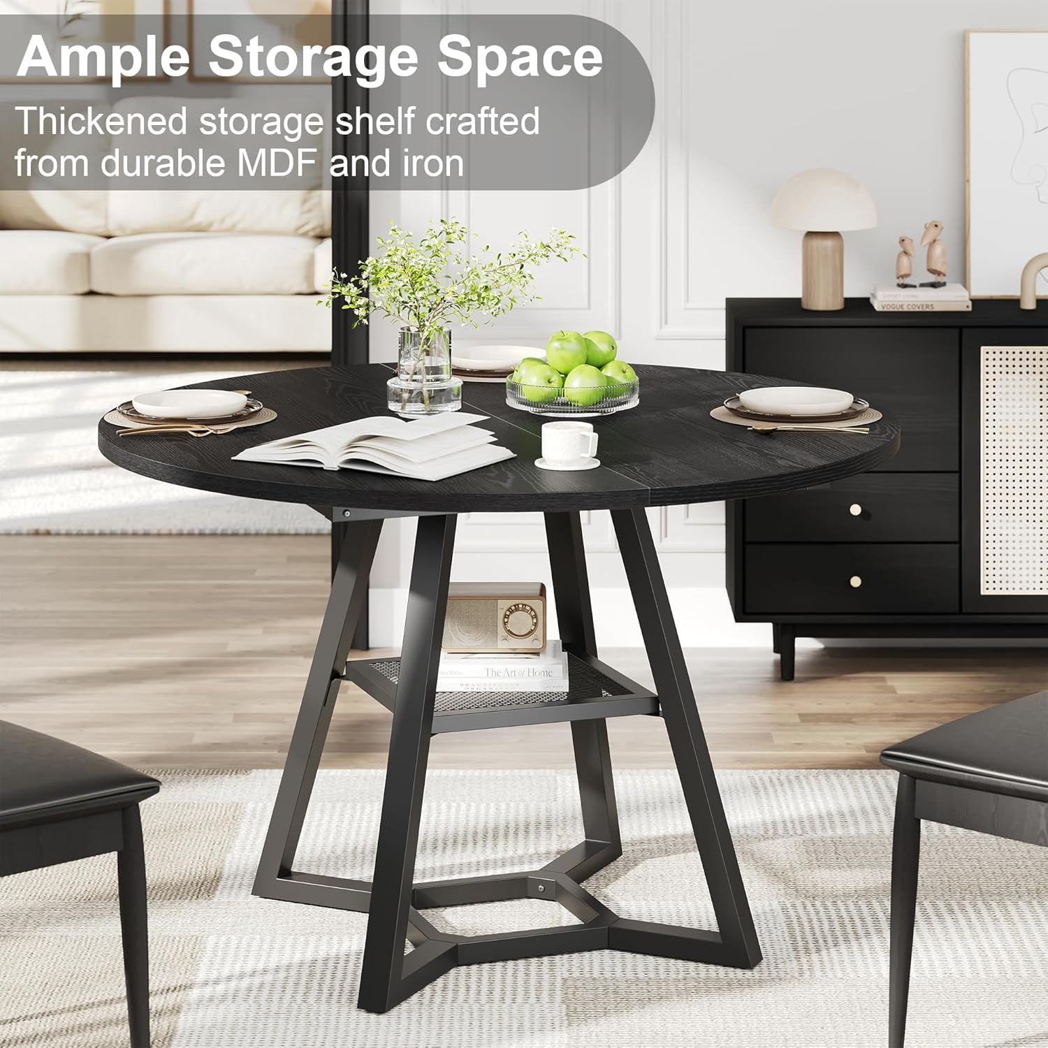 43" Round Dining Table for 4 - Space-Saving Black Wood & Metal Design