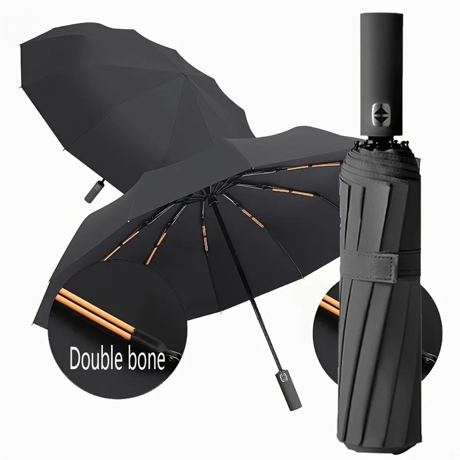 12 Bone Automatic Folding Umbrella UV Resistant Windproof 3 Fold Black Compact