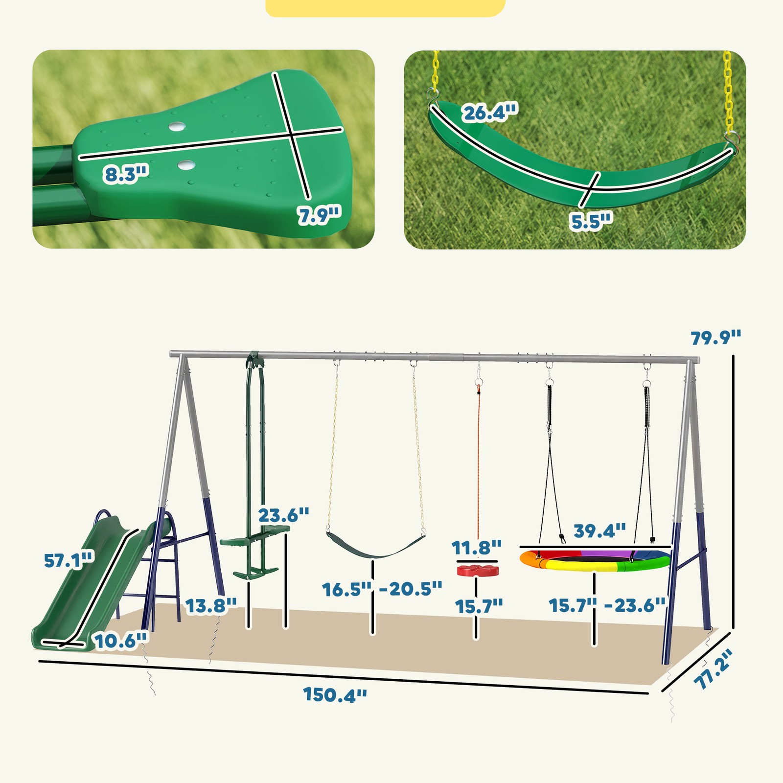 Qaba 5-in-1 Kids Swing Set for Backyard with Slide, 770lbs Capacity, Mixed