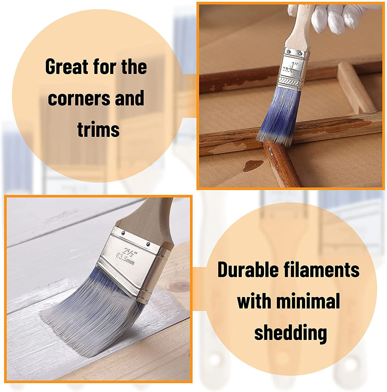 Bates Angle Paint Brushes, 6 Pack - Assorted Sizes, Treated Wood Handle, for Wal