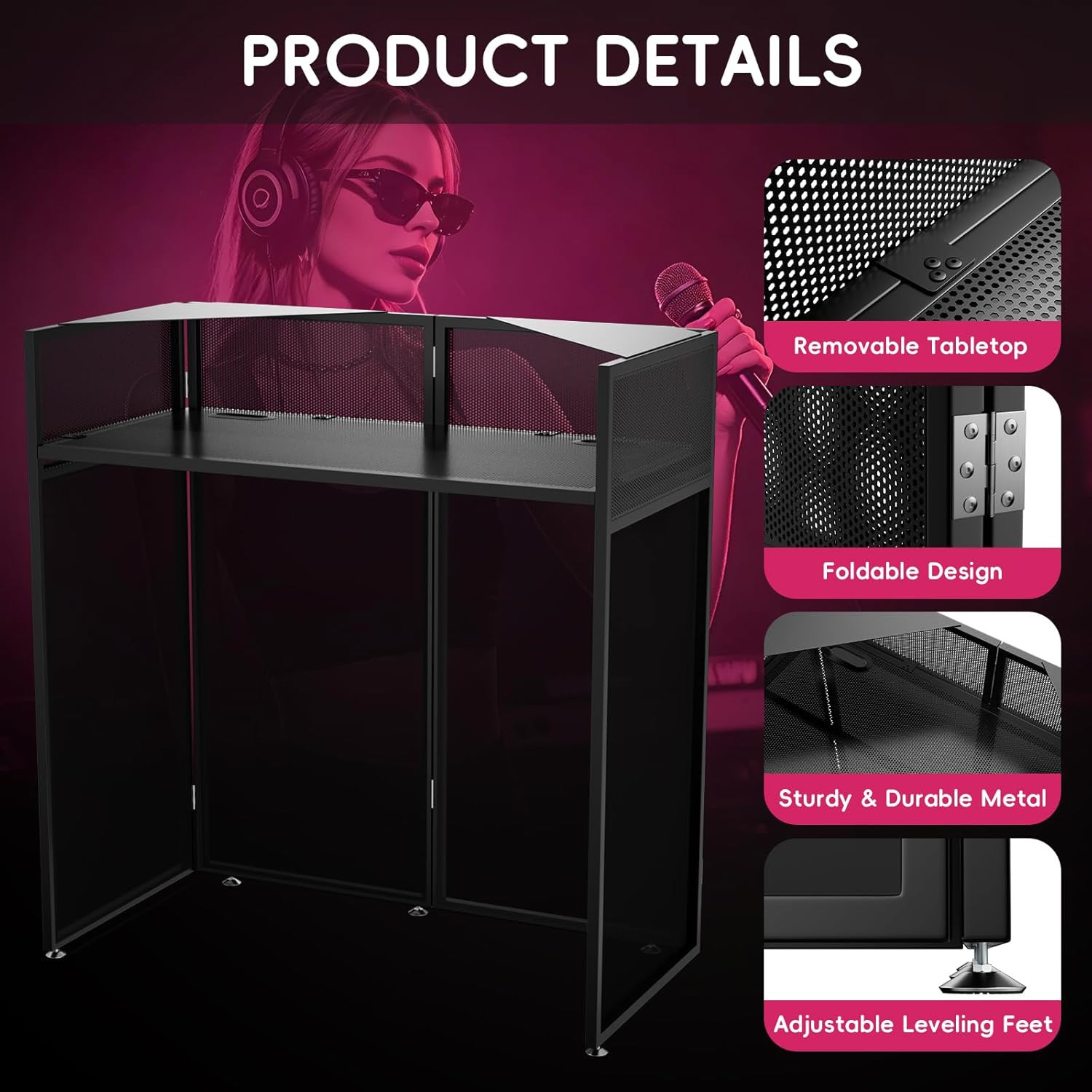 Portable DJ Booth Table with Triangular Top Panel, Foldable DJ Stand Booth with
