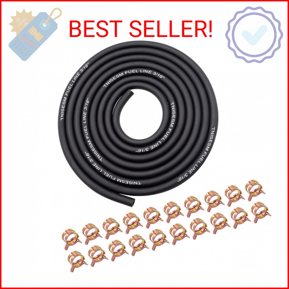 Tnisesm 10ft 3/16 Inch Fuel Line Hose with 20 Clamps, Rubber Fuel Line for Lawn