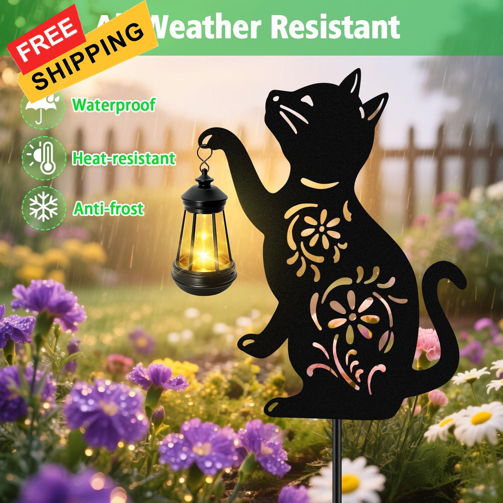 Solar Cat Hanging Lantern Outdoor, 2 Pack Black Lights, cat,