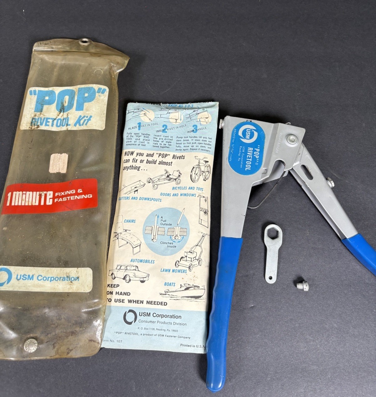 Vintage USM POP Rivet Tool Kit PRG412 W/ Pouch Manual Accessories USA Made