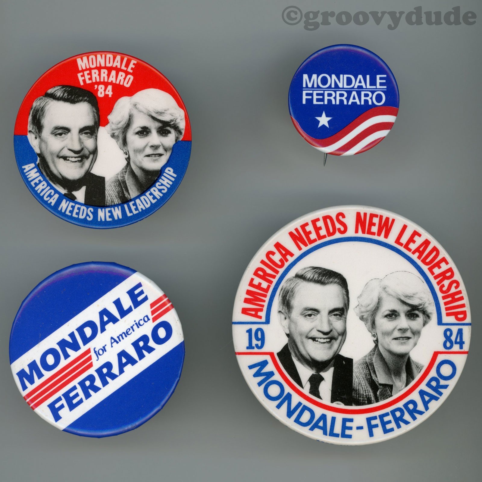 4 Mondale Ferraro America Needs New Leadership 1984 Campaign Pinback Button Lot