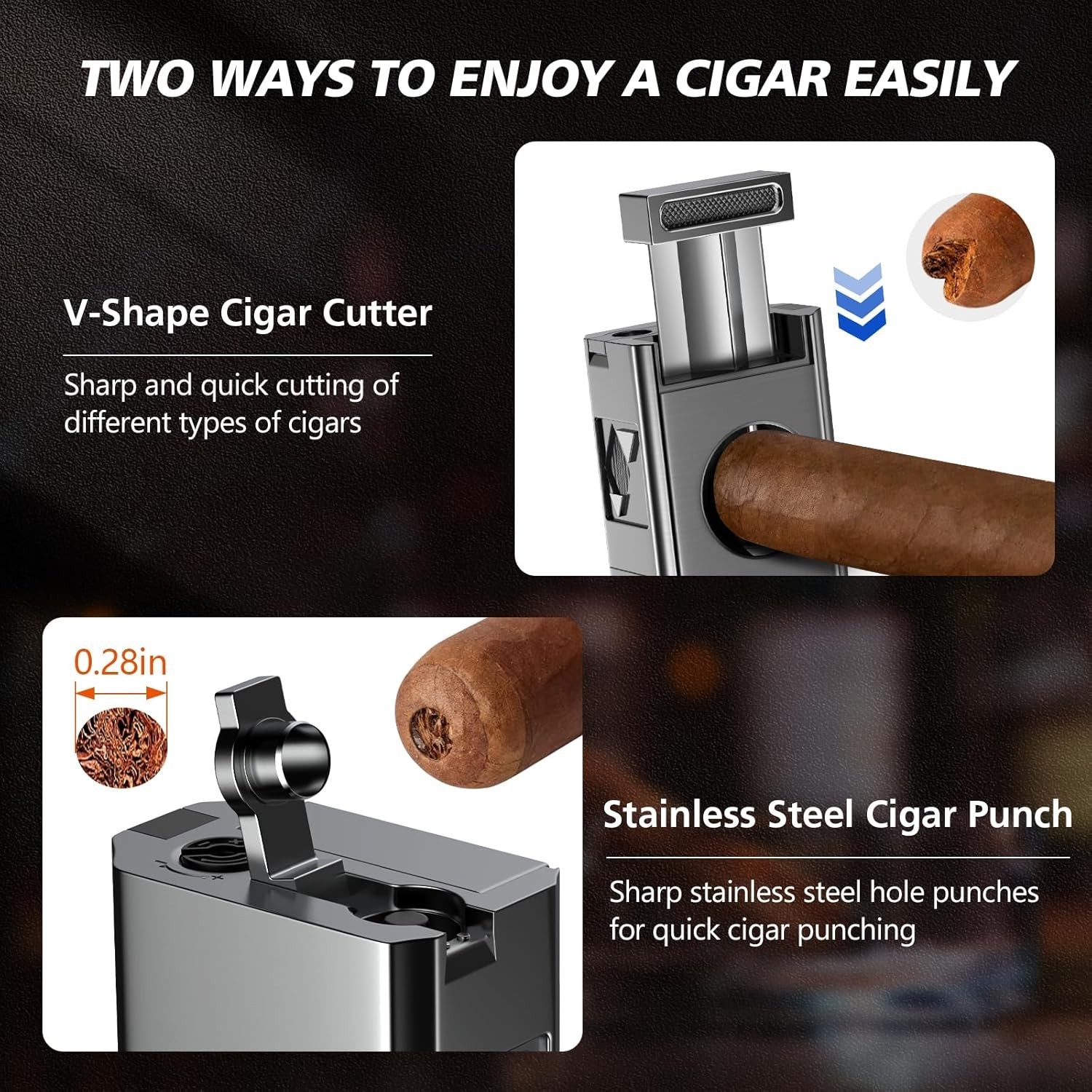 Cigar Torch Lighter 4 Jet Flame Cigar Lighter with Cigar Cutter V Cut Cigar