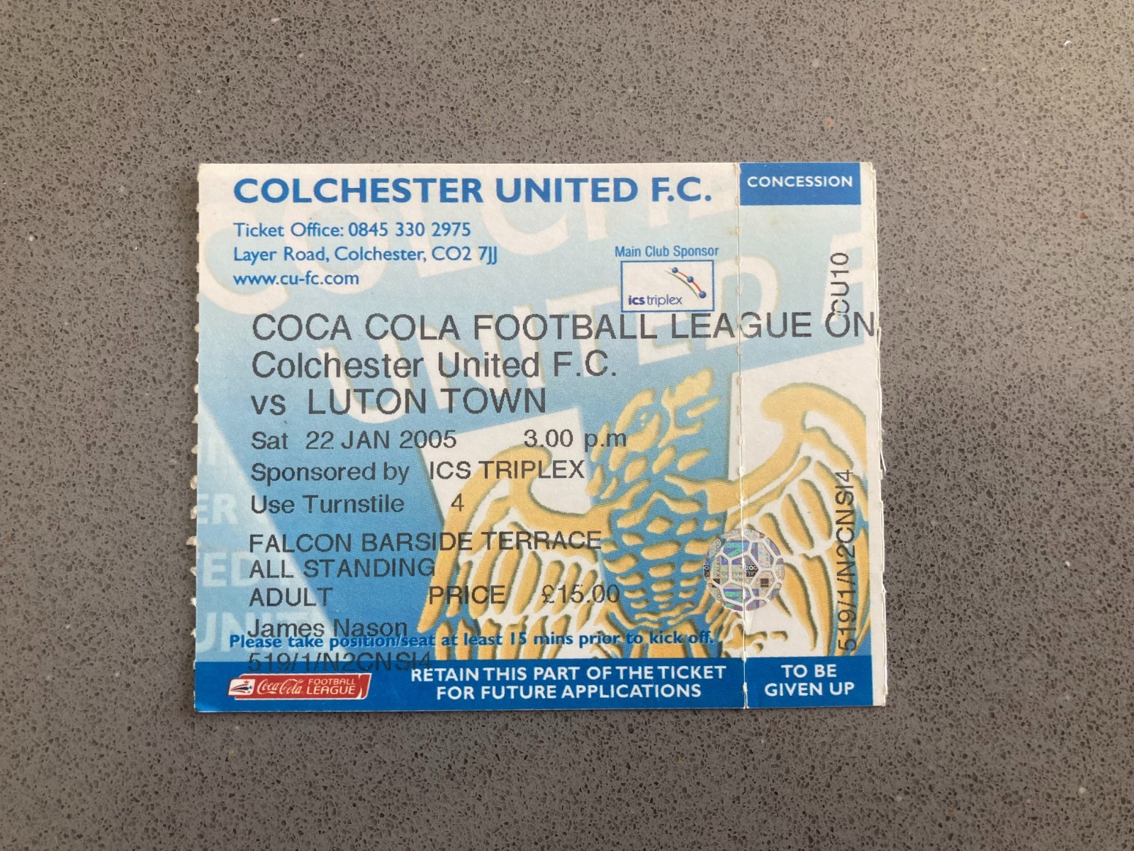 Colchester United v Luton Town 2004-05 Match Ticket