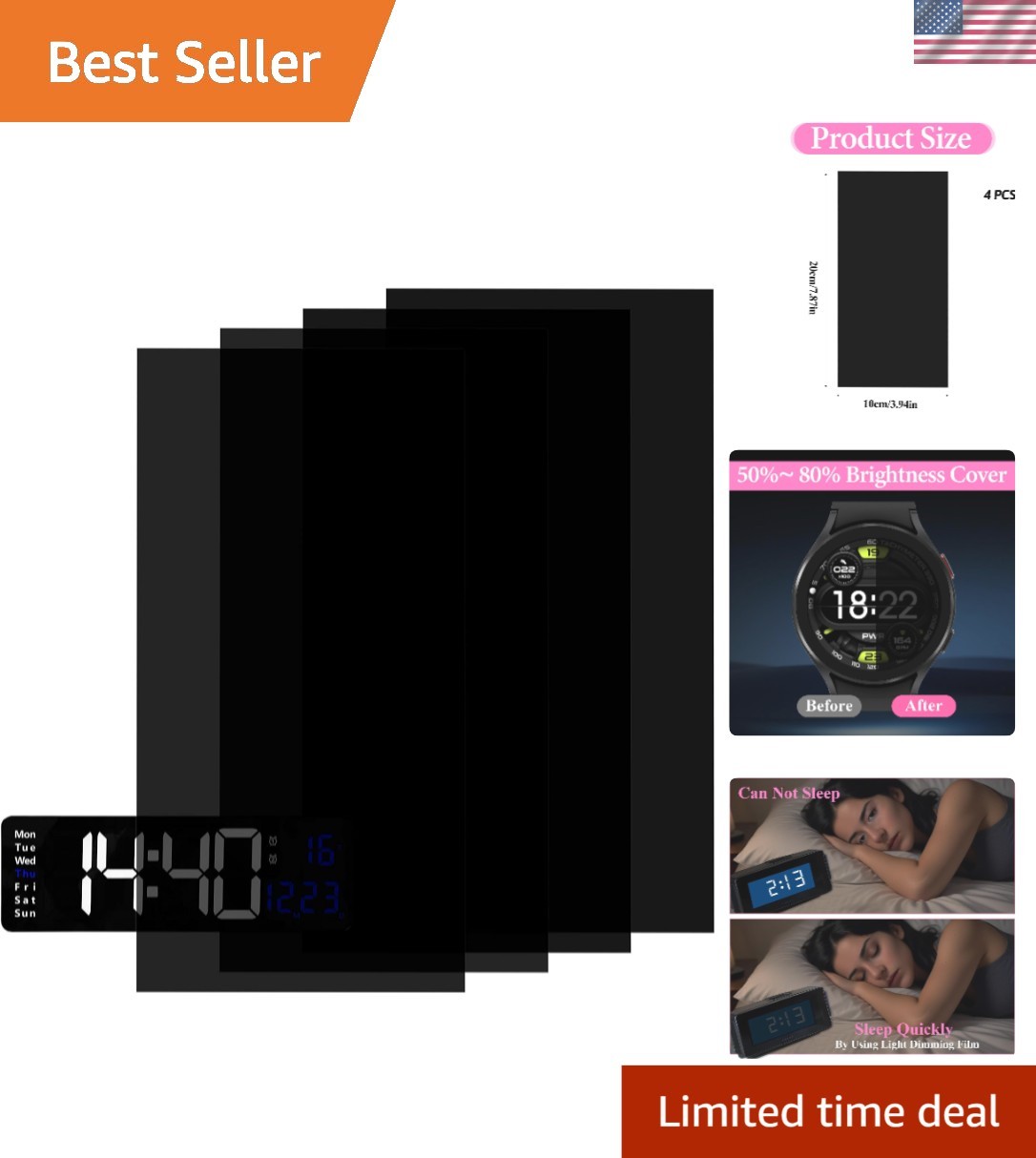 4 Pcs Self-Adhesive Dimming Stickers 8x4 Inch for LED Devices – Blackout Effect