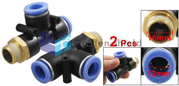 2 Pcs Pneumatic 3/8" Thread 12mm One Touch Push In T Joint Quick Fitting✦Kd